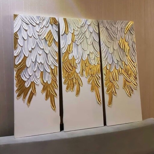 تابلو نقاشی برجسته طلایی و سفید سه تکه