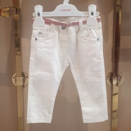 شلوار جین نوزادی دخترانه سایز 9  ماه سفید طرح دار به همراه کمربند زینتی