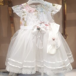 لباس عروس نوزادی 3 تا 6 ماه برند لای لای ترکیه به همراه تل سر