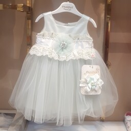 لباس عروس دخترانه برند فوق العاده پامینا سایز 9، 12 ماه و 2 و 4 سال به همراه تل سر