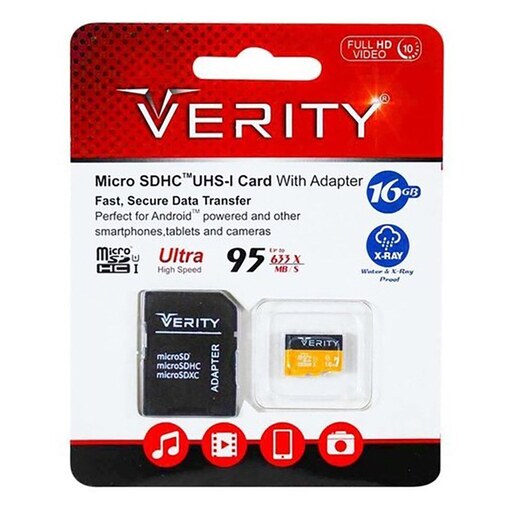 کارت حافظه میکرو اس دی 16 گیگابات وریتی به همراه اداپتور - VERITY MicroSD U1 95MB 633X 16GB