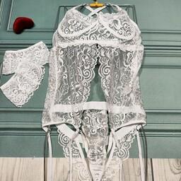 لباس خواب زنانه گیپوری فانتزی سفید عروس فنردار  شیک 