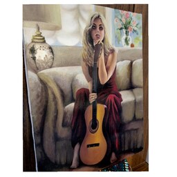 تابلو نقاشی دختر گیتار با متریال اکریلیک روی بوم