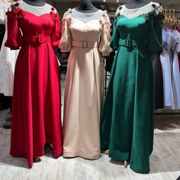 لباس عروس آیلین جنس کرپ مازراتی عروسکی ساده ولی شیک سایز 36 تا46 رنگبندی سفید   گلبهی  قرمز  مشکی  سبز