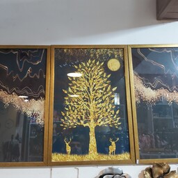 تابلو سه تیکه رزین ورق طلا طرح گوزن و درخت