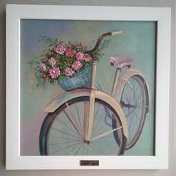تابلو نقاشی  دوچرخه و گل  رنگ روغن