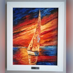 تابلو نقاشی رنگ روغن  تکنیک کاردک، قایق و دریا