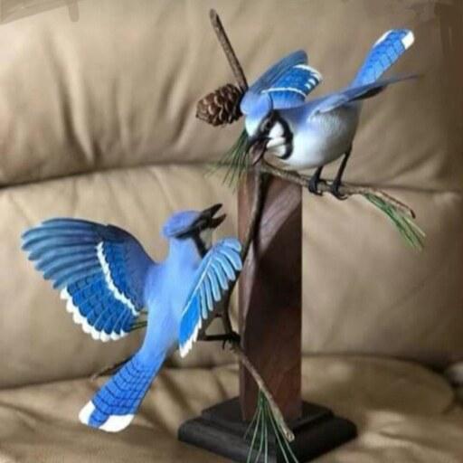 مجسمه چوبی پرنده جیجاق آبی جفت