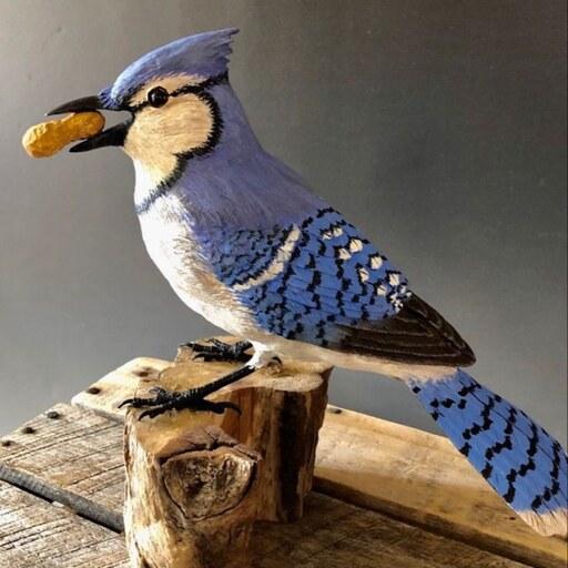 مجسمه چوبی پرنده جیجاق آبی فیگور نشسته