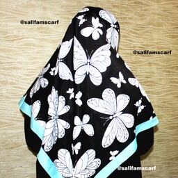 روسری پروانه زمینه خالخالی ابعاد 120 و 130 جنس ابریشم توییل و نخی چهارفصل دوردوزی شده