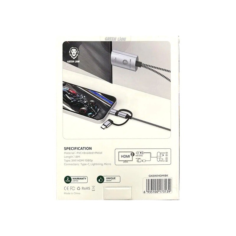 کابل تبدیل HDMI به لایتنینگ microUSB USB C گرین لاین مدل OTN 7537A طول 1.8 متر