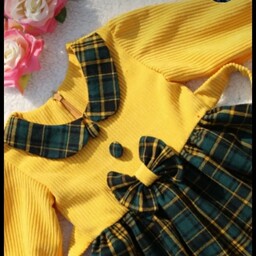 پیراهن دخترانه-پیراهن بچه گانه دو رنگ-سیسمونی-مخمل کبریتی زرد و کشمیر چهار خونه سبز از1 سال به بالا قابل سفارش