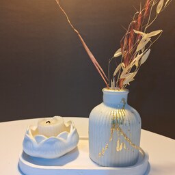 ست لاله سنگ مصنوعی جذاب و زیبا شامل سینی بیضی ، اشمعی لاله و گلدان کوچک مراکشی
