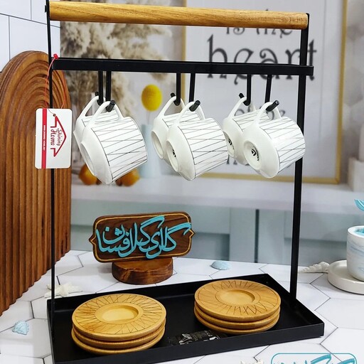 سرویس قهوه خوری  12 پارچ طلایی از برند بینظیر ووگاتی وارداتی 6 نفره نعلبکی از چوب بامبو قابل شستشو خطوط طلایی ثابت