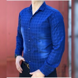 پیراهن آستین بلند چهارخونه آبی طرح سنگشور