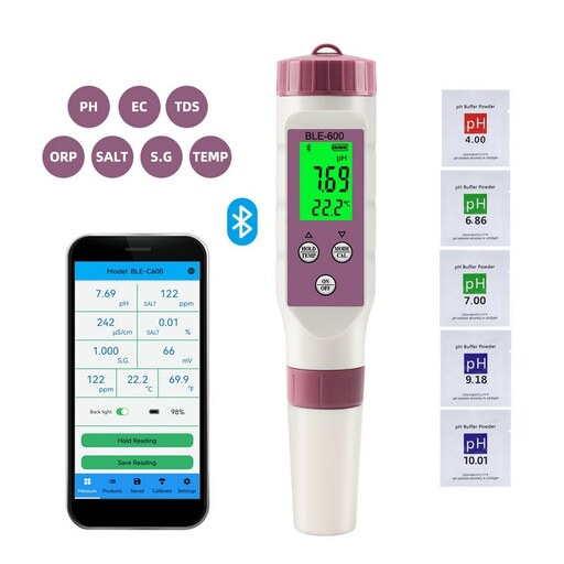 پی اچ متر بلوتوثی هوشمند 7 فاکتوره مایعات PH.TDS.TEMP.EC.Salt.SG.Orp  مدل Ble C-600