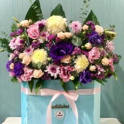 باکس گل شیش ضلعی آبی تهیه شده از گل های با درجه کیفیت فوق ممتاز و ممتاز 