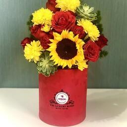 باکس گل استوانه ای قرمز  تهیه شده از گلهای با درجه کیفیت فوق ممتاز و ممتاز