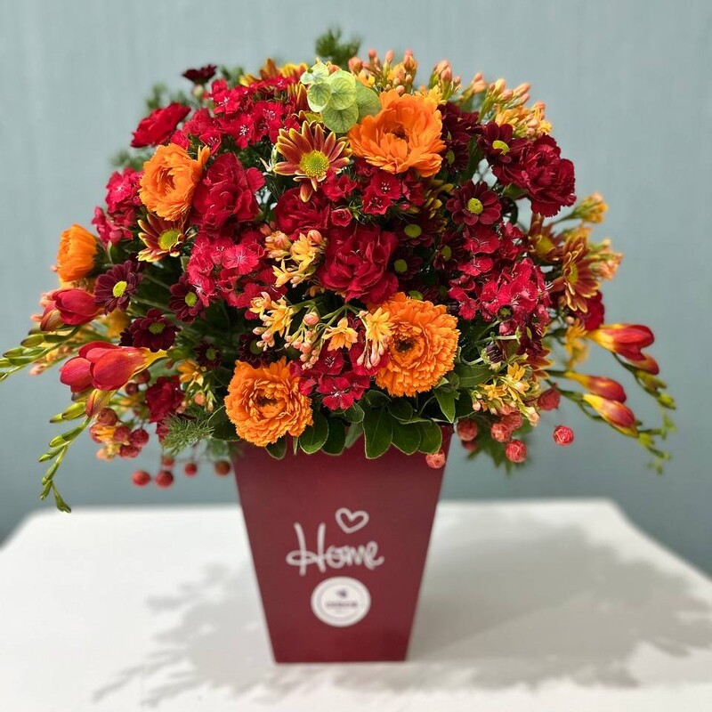 باکس گل گلدانی قرمز تهیه شده از گل های با درجه کیفیت فوق ممتاز و ممتاز