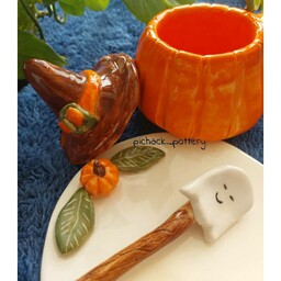 ست فنجان و نعلبکی کدویی هالووین و پاییز سرامیکی دستساز  4 تکه لعابدار با دوبار پخت در کوره