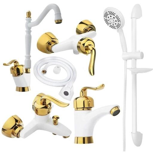 ست شیرالات زحل (مدل قاصدک قاجاری سفیدطلایی)به همراه علم یونیکا حمام و شلنگ توالت سفید