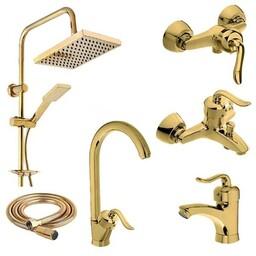 ست شیرالات زحل (مدل قاصدک عصایی طلایی) به همراه علم دوش حمام و شلنگ توالت