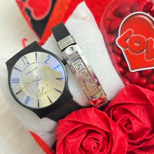 ست هدیه ولنتاین مردانه با ساعت و  دستبند چرم گل و شکلات