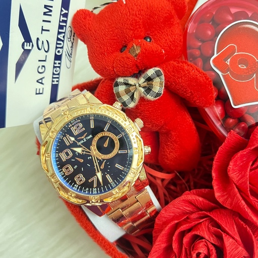 پک ست هدیه مردانه روز عشق با ساعت شرکتی اصل EAGLE TIME باکس خرس و گل و شکلات کادوی ولنتاین تولد سالگرد