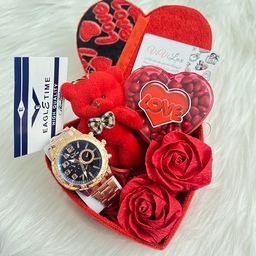 پک ست هدیه مردانه روز عشق با ساعت شرکتی اصل EAGLE TIME باکس خرس و گل و شکلات کادوی ولنتاین تولد سالگرد