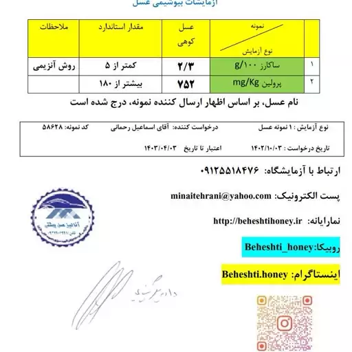 عسل کوهی 100درصدخالص ارگانیک و درمانی ( یک کیلو)با برگه آزمایشگاه 