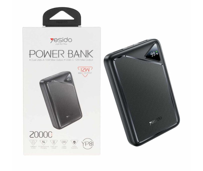 پاوربانک فست شارژ Yesido 20000mAh مدل YP8I 12W - مشکی رنگ با گارانتی معتبر