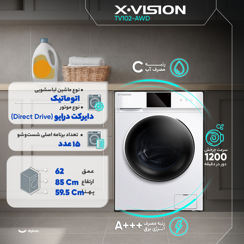 ماشین لباسشویی 10 کیلوگرم اتوماتیک ایکس ویژن مدل TV102-AWD