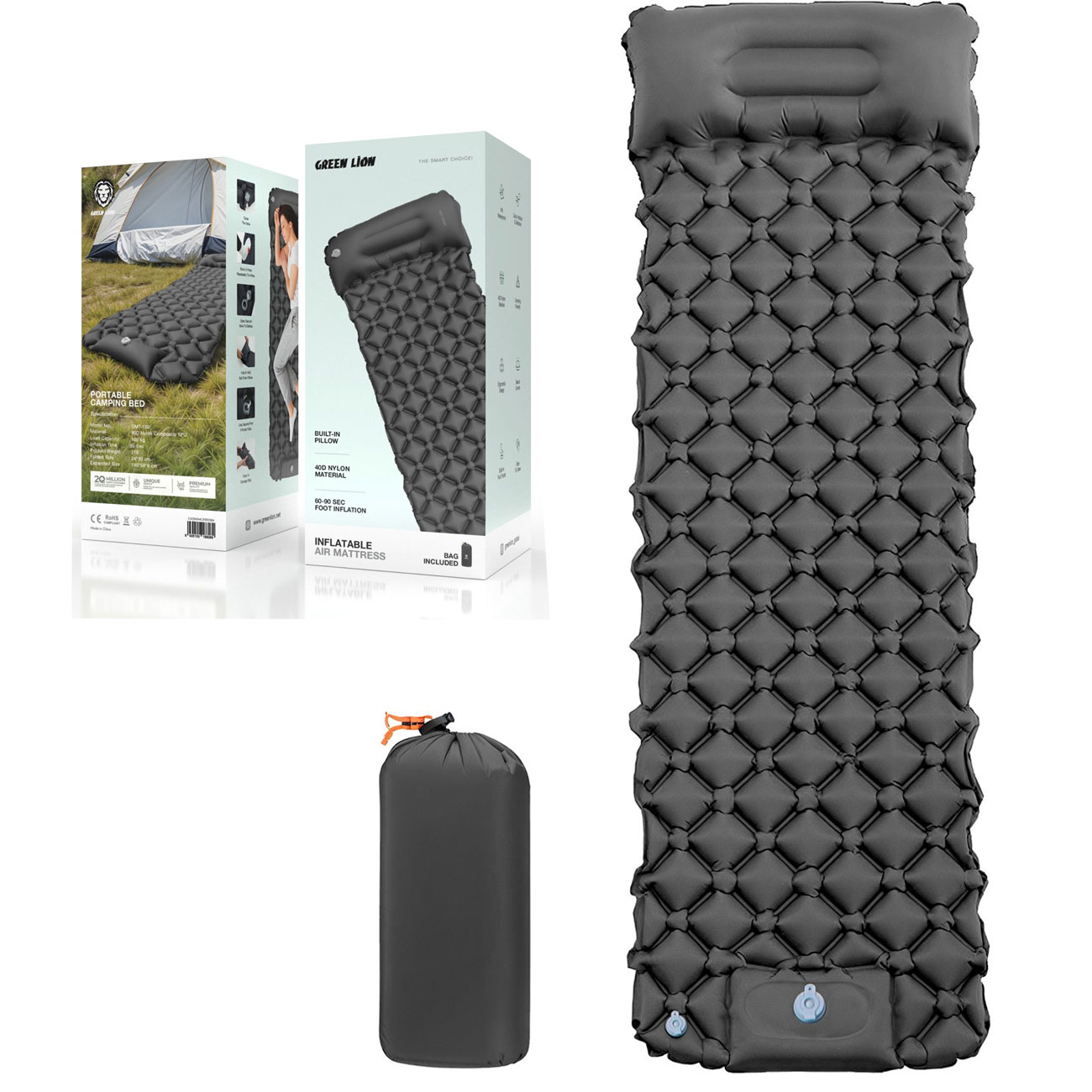 تشک بادی یک نفره گرین لاین مدل GM-180، رنگ خاکستری، با پمپ پا و کیسه حمل، مناسب کمپینگ و سفر.