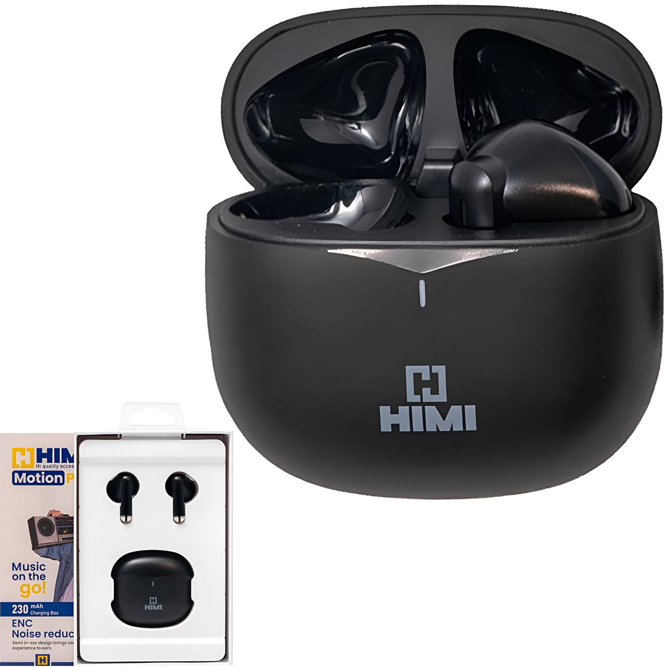 هندزفری بلوتوثی هیمی Motion Pro مشکی با کیس شارژ. کیفیت صدای استریو پانوراما و بلوتوث 5.3.