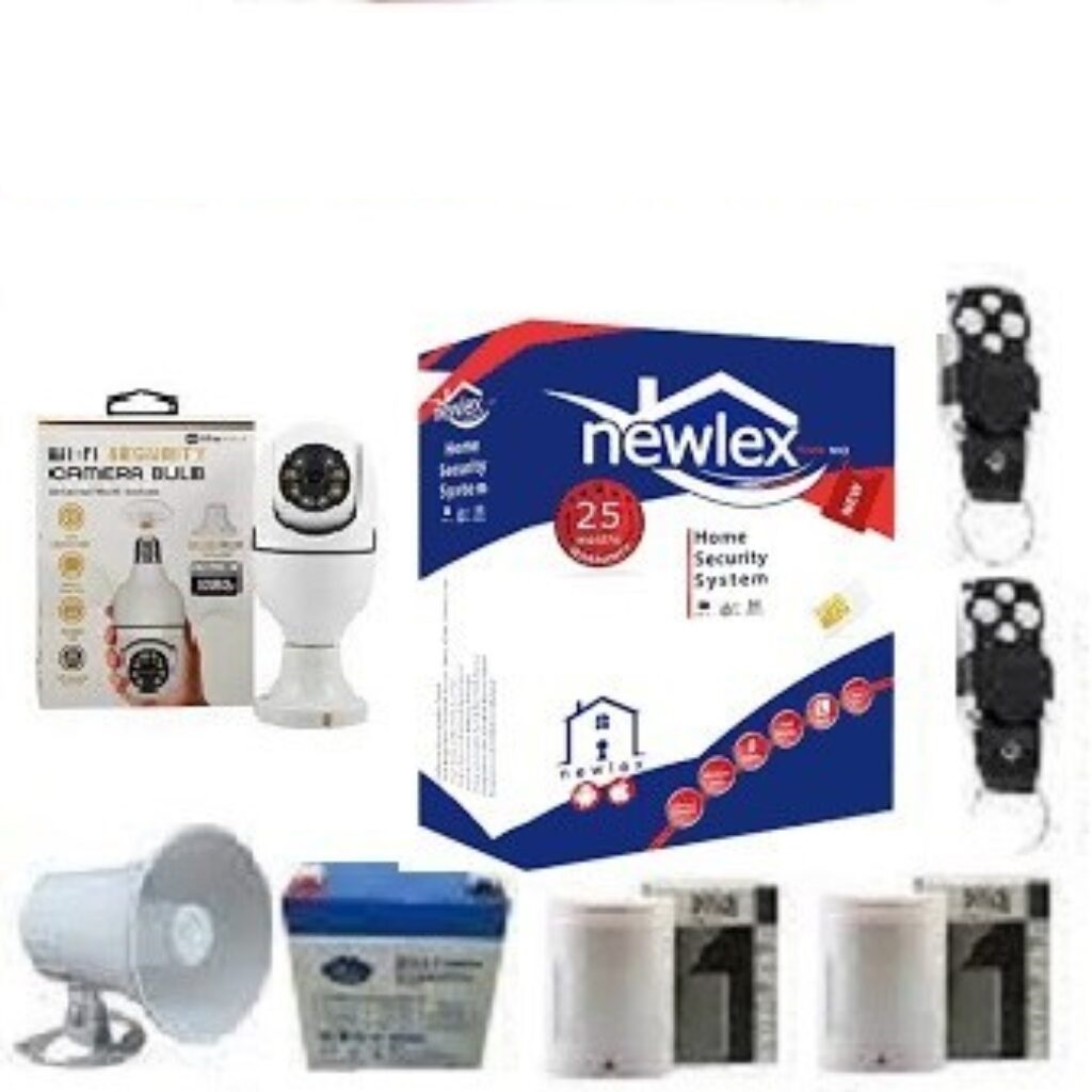 پک کامل دزدگیر سیم کارتی نیولکس دارای 2 عدد چشمی باسیم+ یک عدد هدیه دوربین لامپی