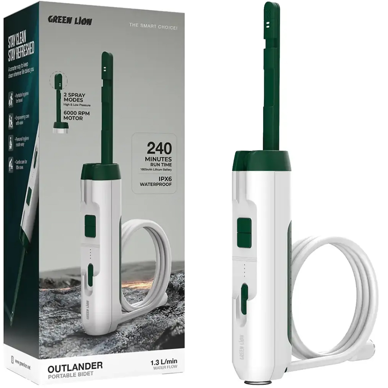 Green Lion Outlander portable bidet with two spray modes, 240-minute run time, 6000 RPM motor, and IPX6 waterproof rating.