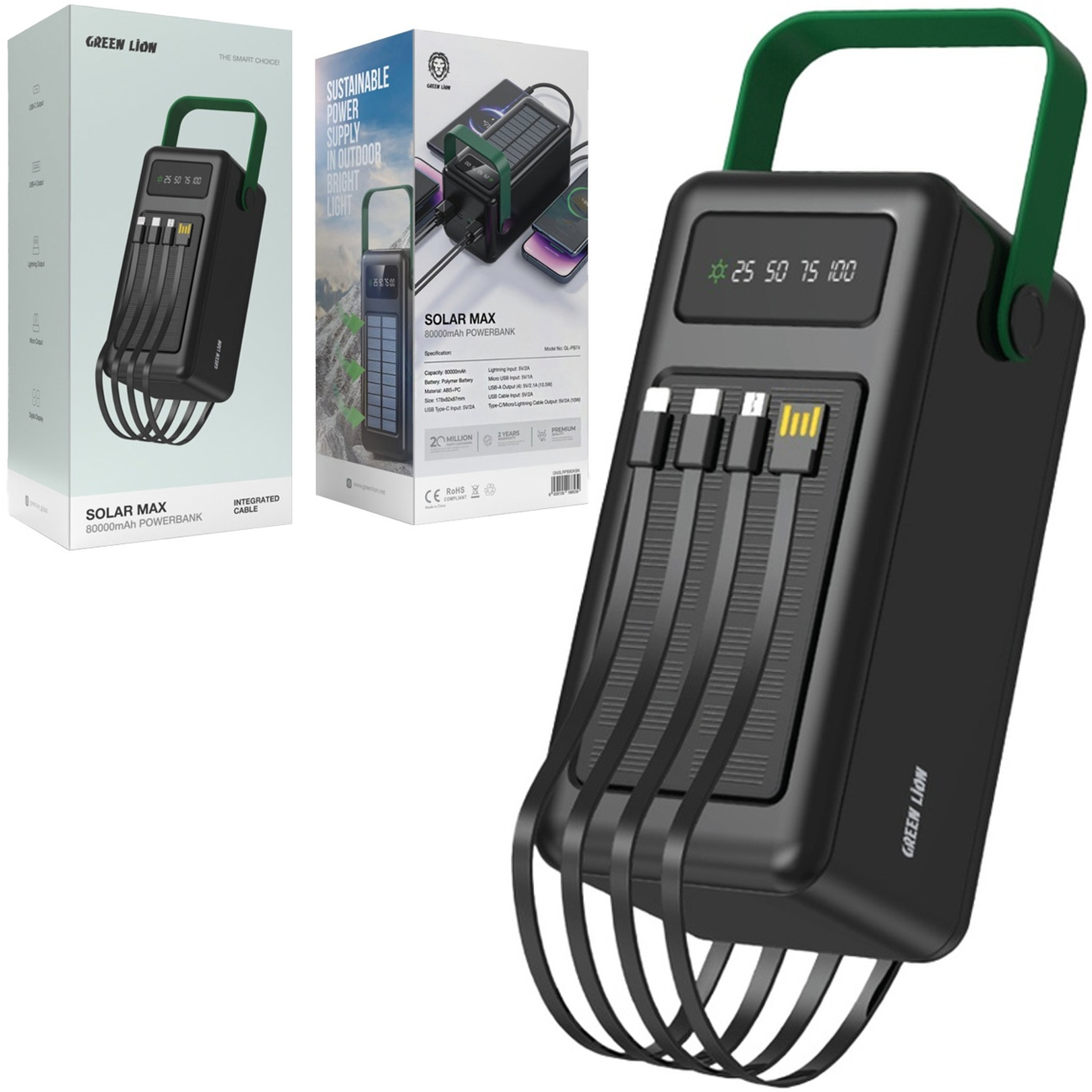 Green Lion 80000mAh Solar Powerbank (GL-PB74) with integrated cables, digital display, and solar charging panel.