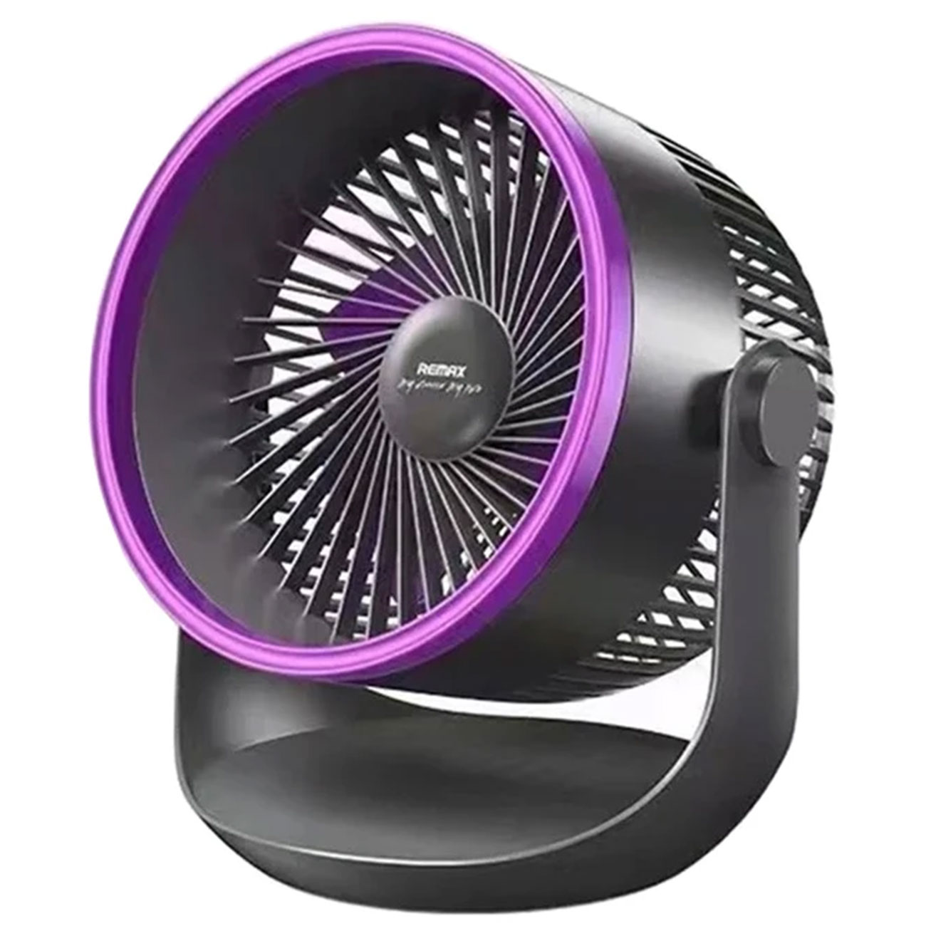 Remax F27 rechargeable fan with dual turbo, adjustable speed, 360-degree rotation, and quiet operation. Dual turbo technology.