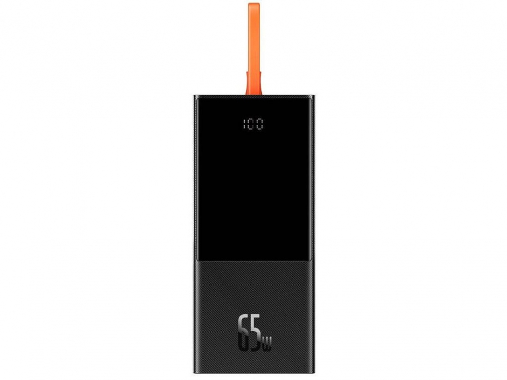 Close-up view of the black Baseus Elif Digital Display 20000mAh 65W fast charging power bank with an orange loop and a "65W" indicator.