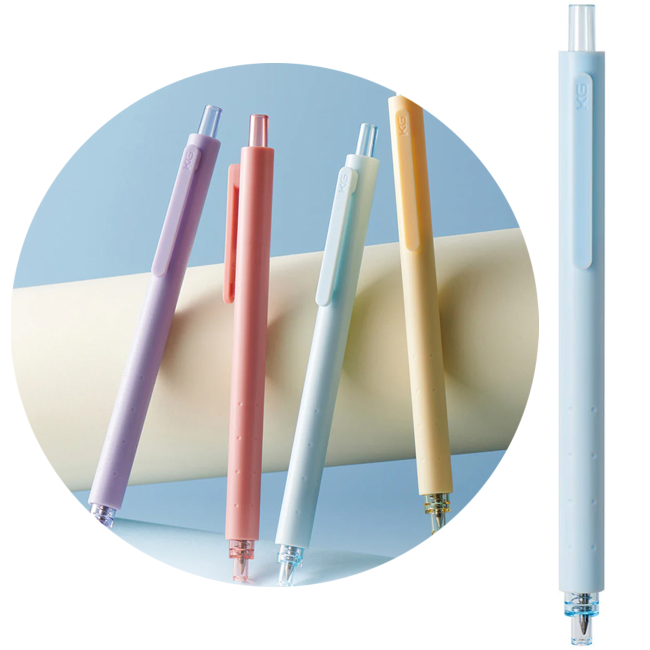 Original KACO gel pen, 0.5mm retractable tip, pastel colors (purple, pink, light blue, yellow), ergonomic matte grip, smooth Japanese ink.