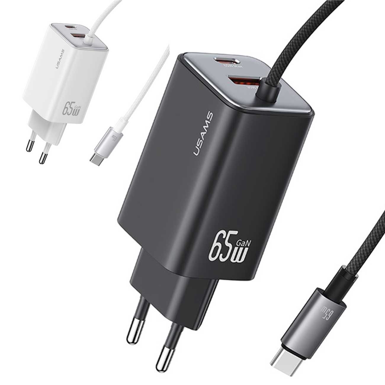 شارژر دیواری تایپ سی 65 وات Usams CC266 GaN با کابل همراه، آداپتور کوچکتر سفید و بزرگتر مشکی