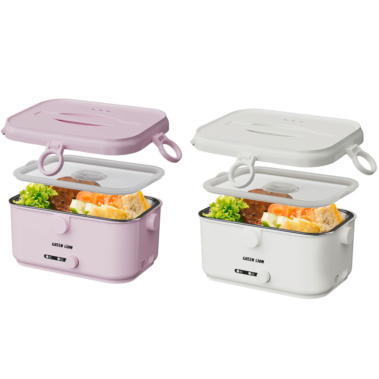 ظرف غذای برقی گرین لاین مدل GLB-15، نمایش داده شده در دو رنگ صورتی و سفید، با ظرفیت 1.8 لیتر و قابلیت گرم کردن غذا.