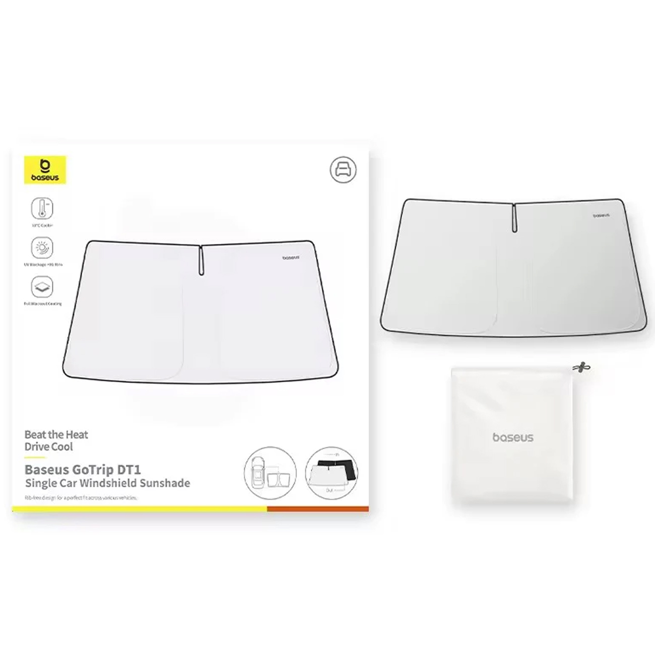Baseus GoTrip DT1 single car windshield sunshade, Beat the Heat Drive Cool, white sunshade and storage bag.
