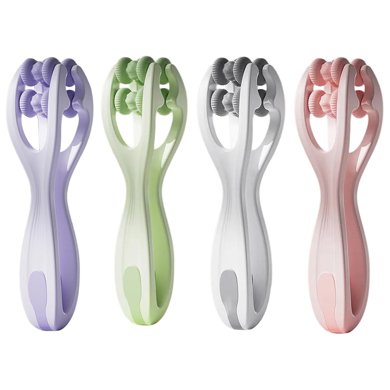 Four hand and finger massagers in purple, green, white, and pink, each with dual rollers for deep tissue massage.