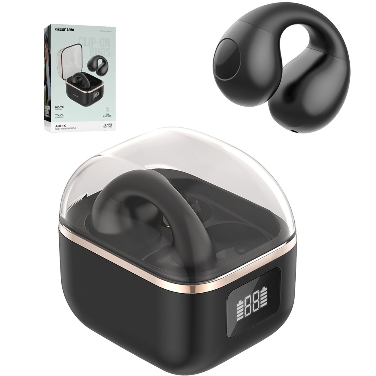 هندزفری بلوتوثی گرین لاین مدل GL-TWS64 با طراحی کلیپ‌دار و کیس شارژر با نمایشگر دیجیتال