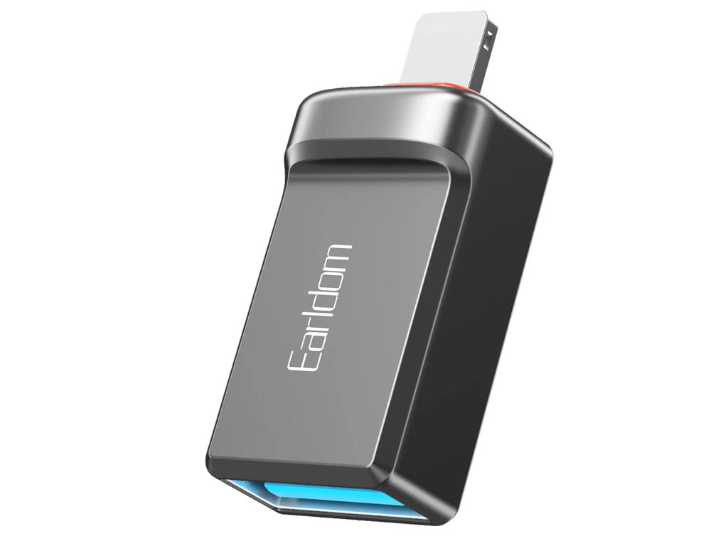 مبدل OTG آیفون ارلدام ET-OT86L، با طراحی نقره‌ای براق, کوچک و مقاوم.