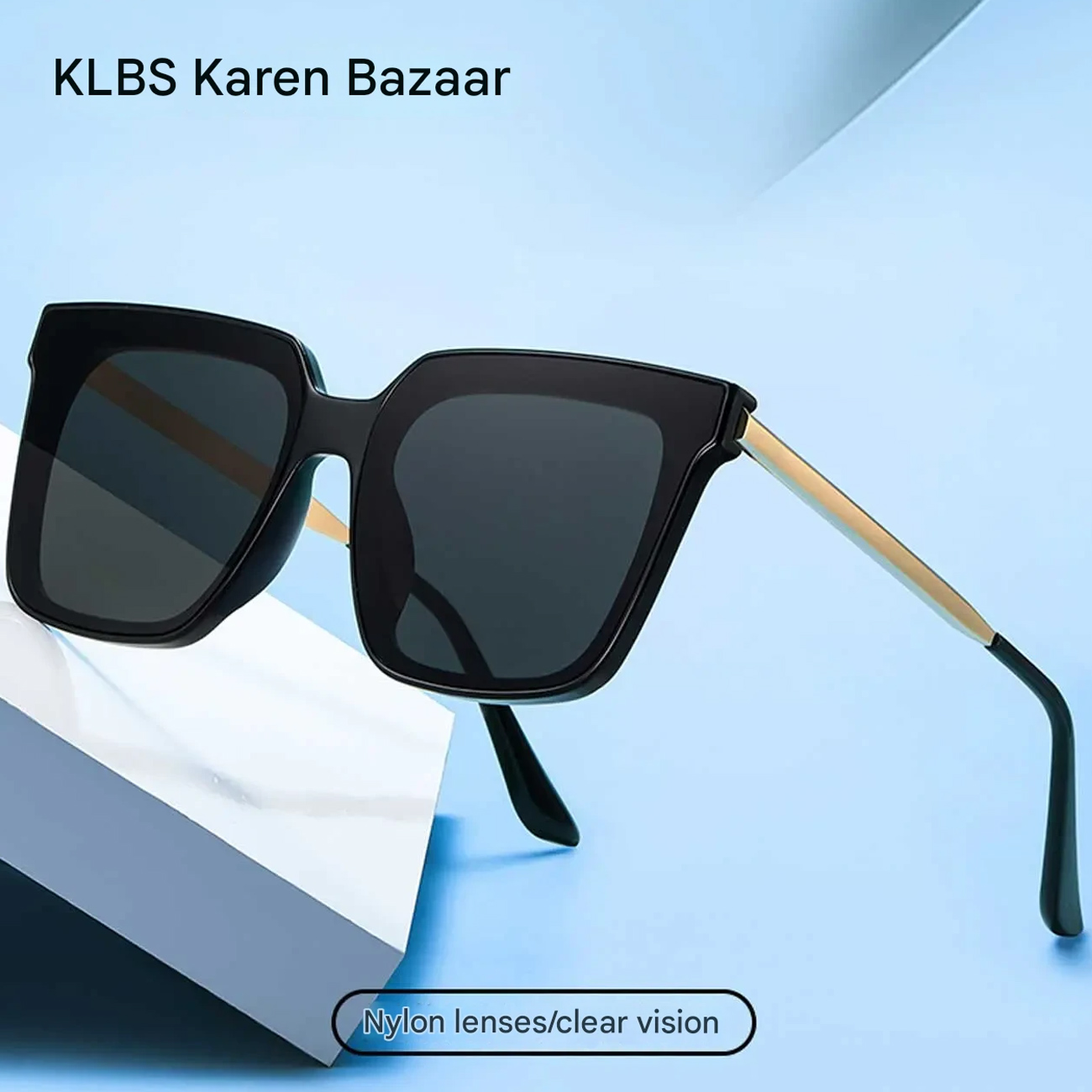 Karen Bazaar A0718 square black sunglasses with gold accents and UV400 protection for everyday style.