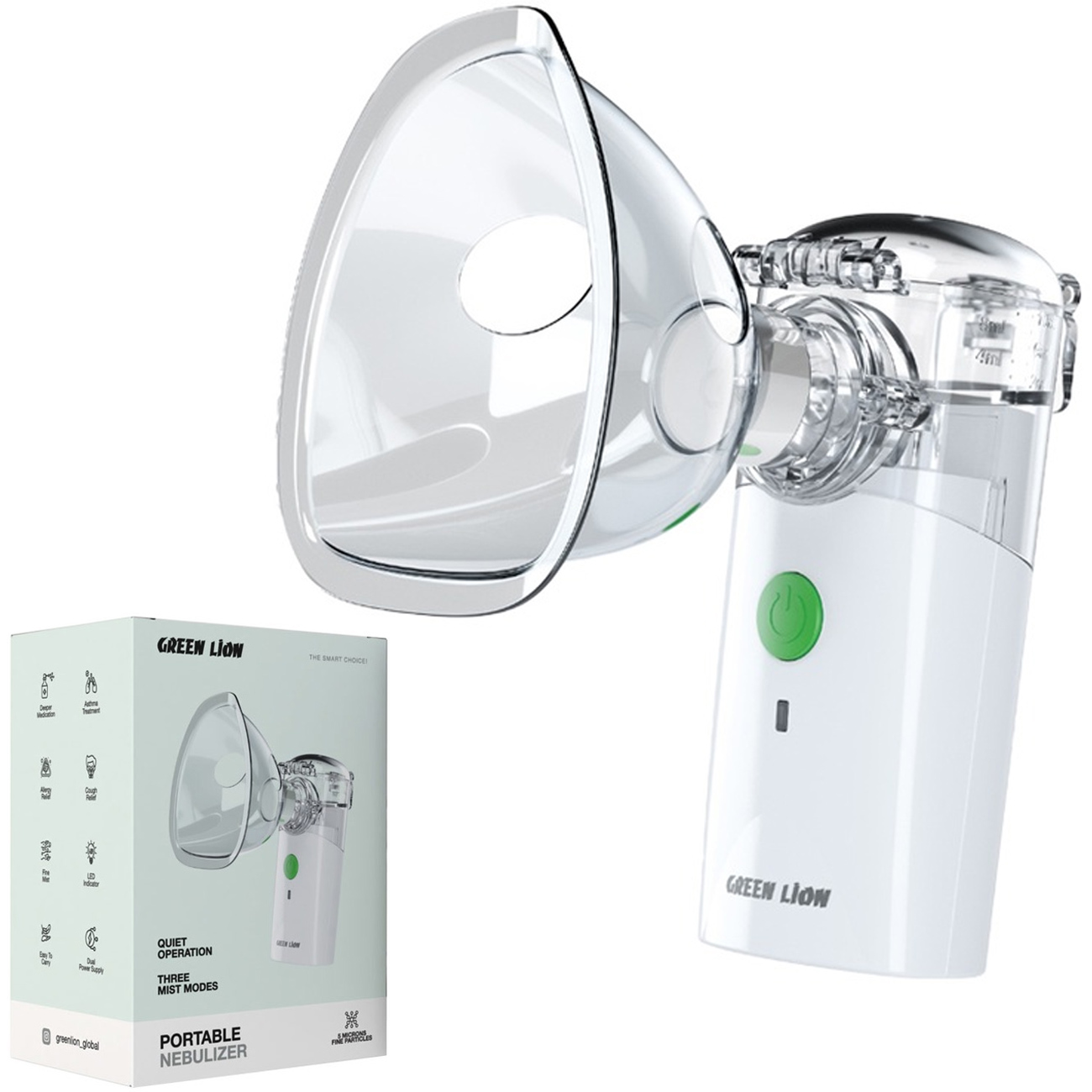 Green Lion GL-MN10 portable nebulizer with mask and charging port, white and green design, quiet operation.