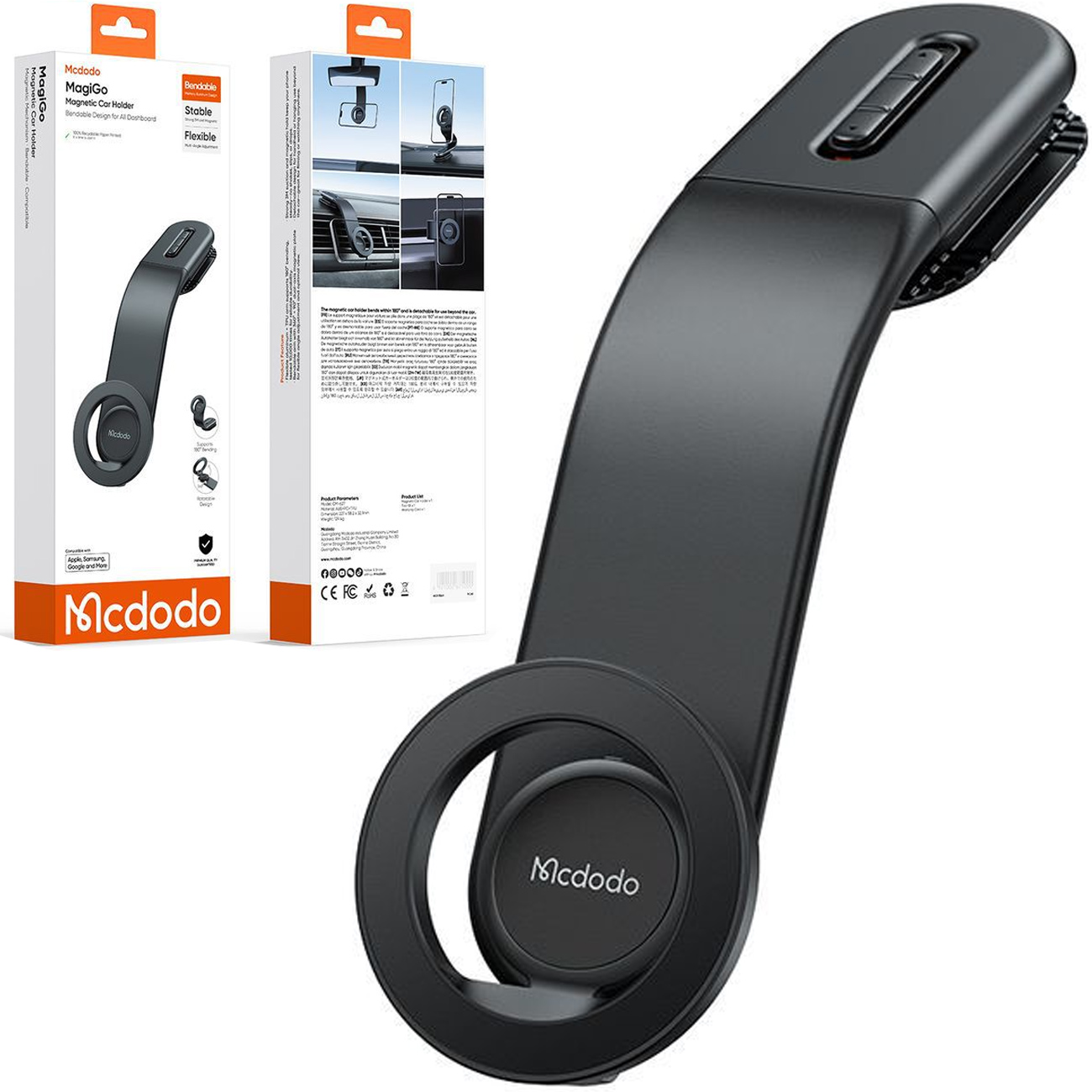 Mcdodo CM-6270 magnetic car phone holder for dashboard with bendable design and 360-degree rotation.
