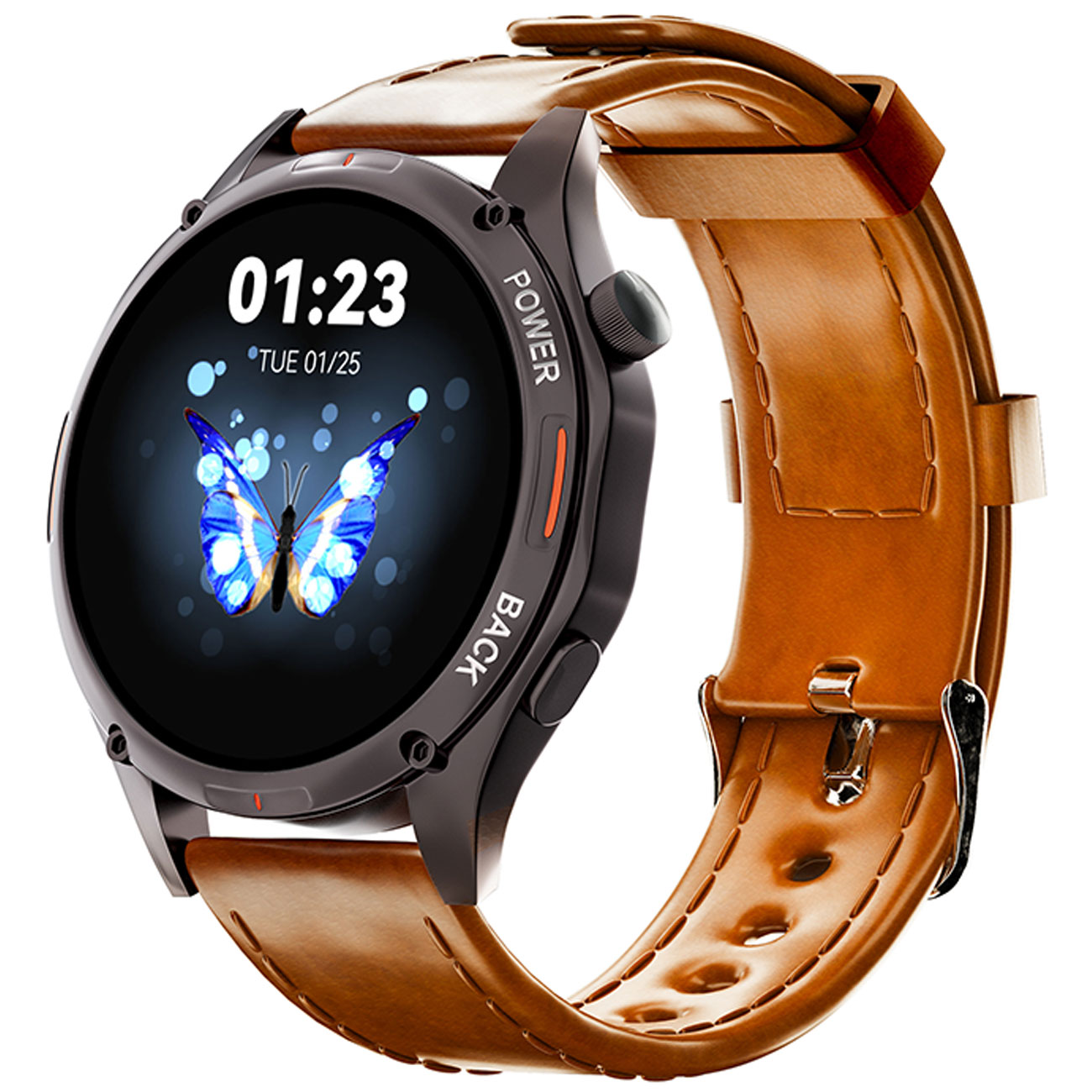 ساعت هوشمند TCH HD1 3D Hero1 با بند چرمی قهوه‌ای و صفحه نمایشگرد AMOLED که ساعت 01:23 و تصویر یک پروانه را نمایش می‌دهد.